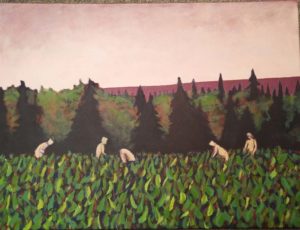 “Mexicans Harvesting Cabbage in Vernon Bridge PEI” Norah Pendergast Acrylic 2014 From the collection of the PEI Advisory Council on the Status of Women