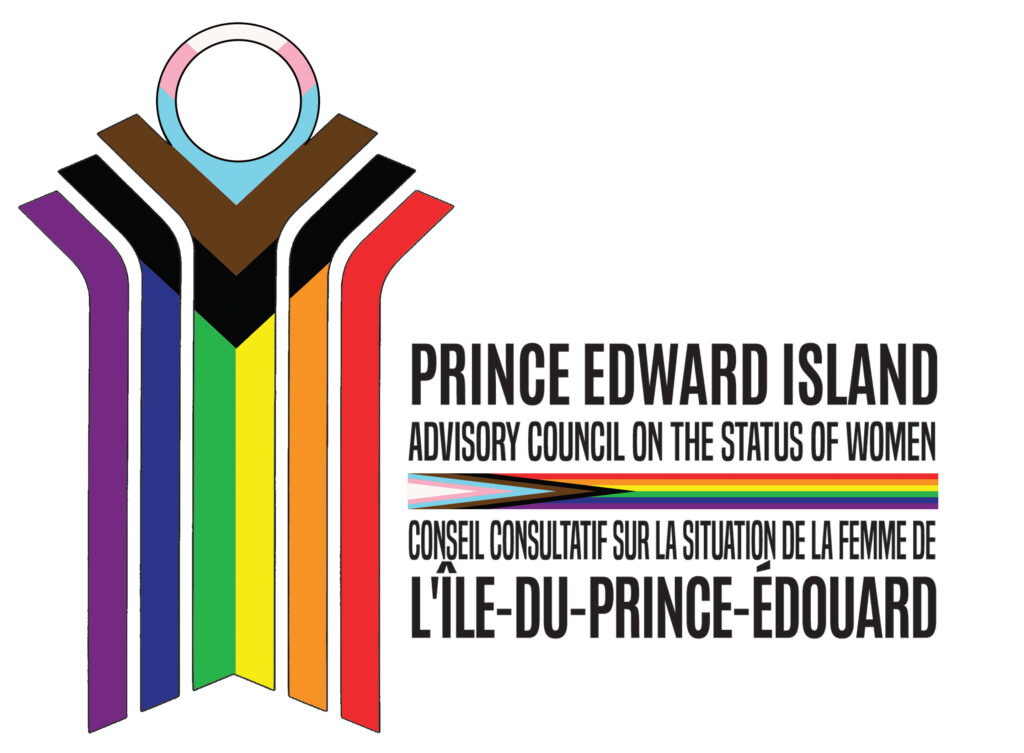 Logo and wordmark of the PEI Advisory Council on the Status of Women, decorated in the colours of the Progress Pride flag