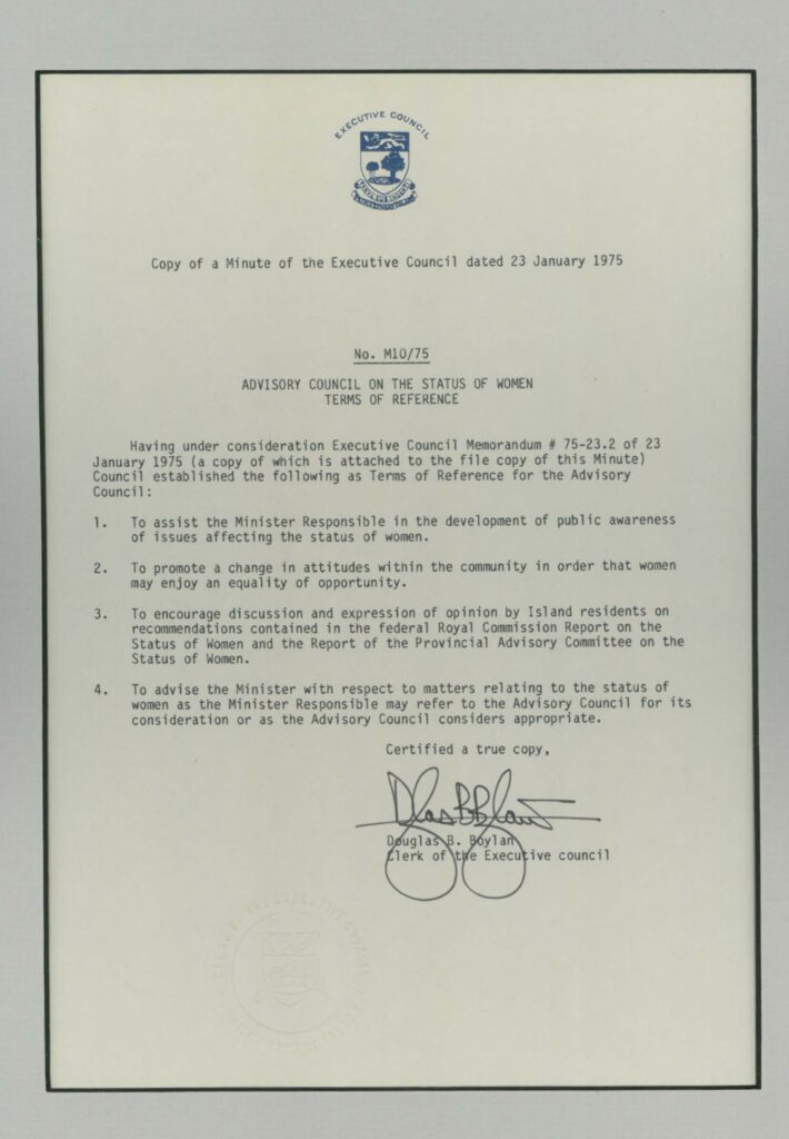 Copy of a 1975 Minute in Council forming the PEI Advisory Council on the Status of Women