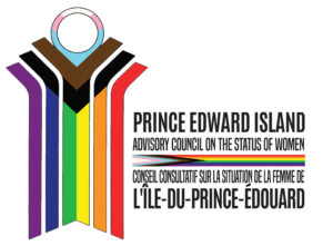 PEI Advisory Council on the Status of Women logo in Progress Pride colours