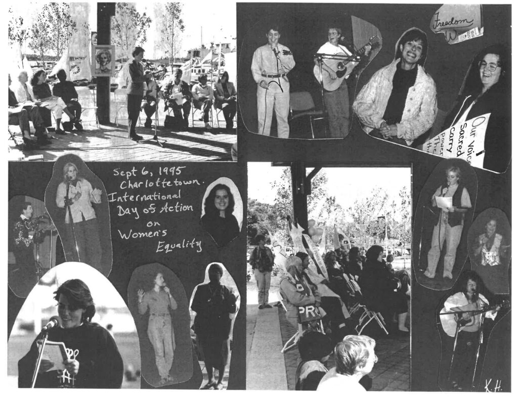 Collage of black and white photos of PEI feminists in 1995