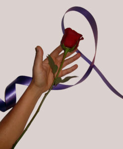 Hand holding a red rose atop a looped purple ribbon