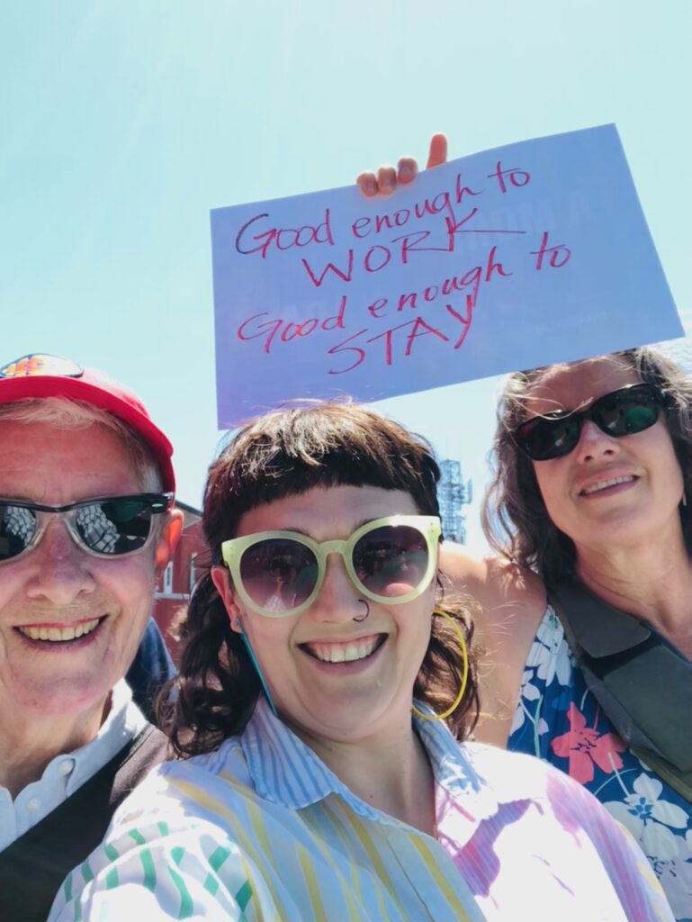 Barb, Carlie and Michelle at Migrant Workers Rally in June 2024
